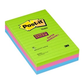 3M Post-it poznámkové bločky super lepiace 102 x 152 mm, s čiarovým vzorom v rôznych neonových farbách - 3 balenia