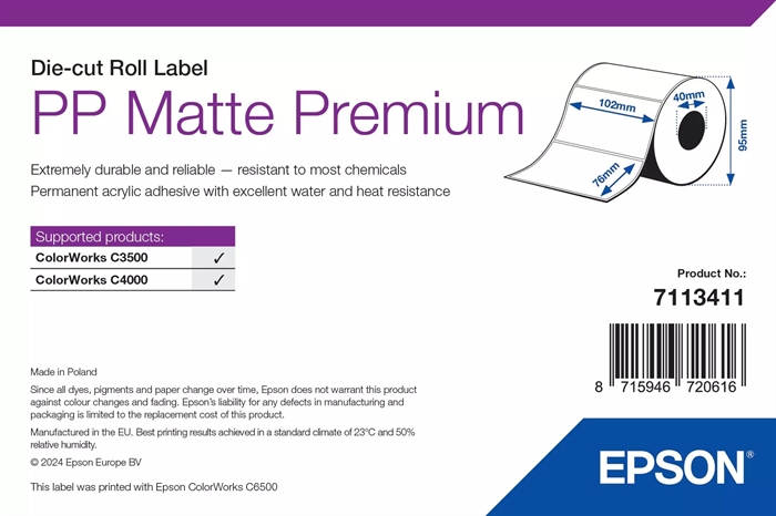 Epson PP Matný Štítok Premium, Vystužené štítky, 102 x 76mm ( 365 Štítkov )