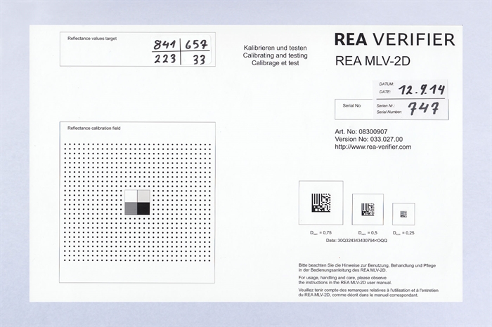 Calibration and adjustment card DataMatrix and grey fields