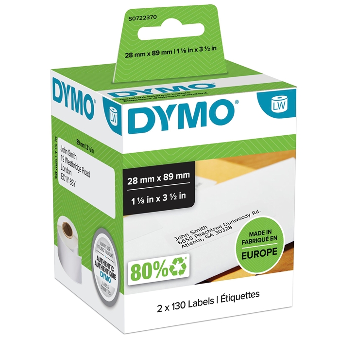 Dymo Label Adresovanie 28 x 89 trvalo biela, 130 štítkov na oboch 2 roll stk.