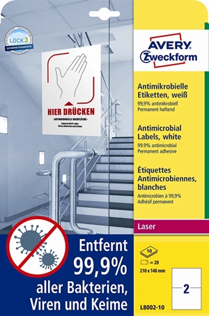 Avery Antimikrobiálne etikety 210 x 148 biele mm, 20 kusov.